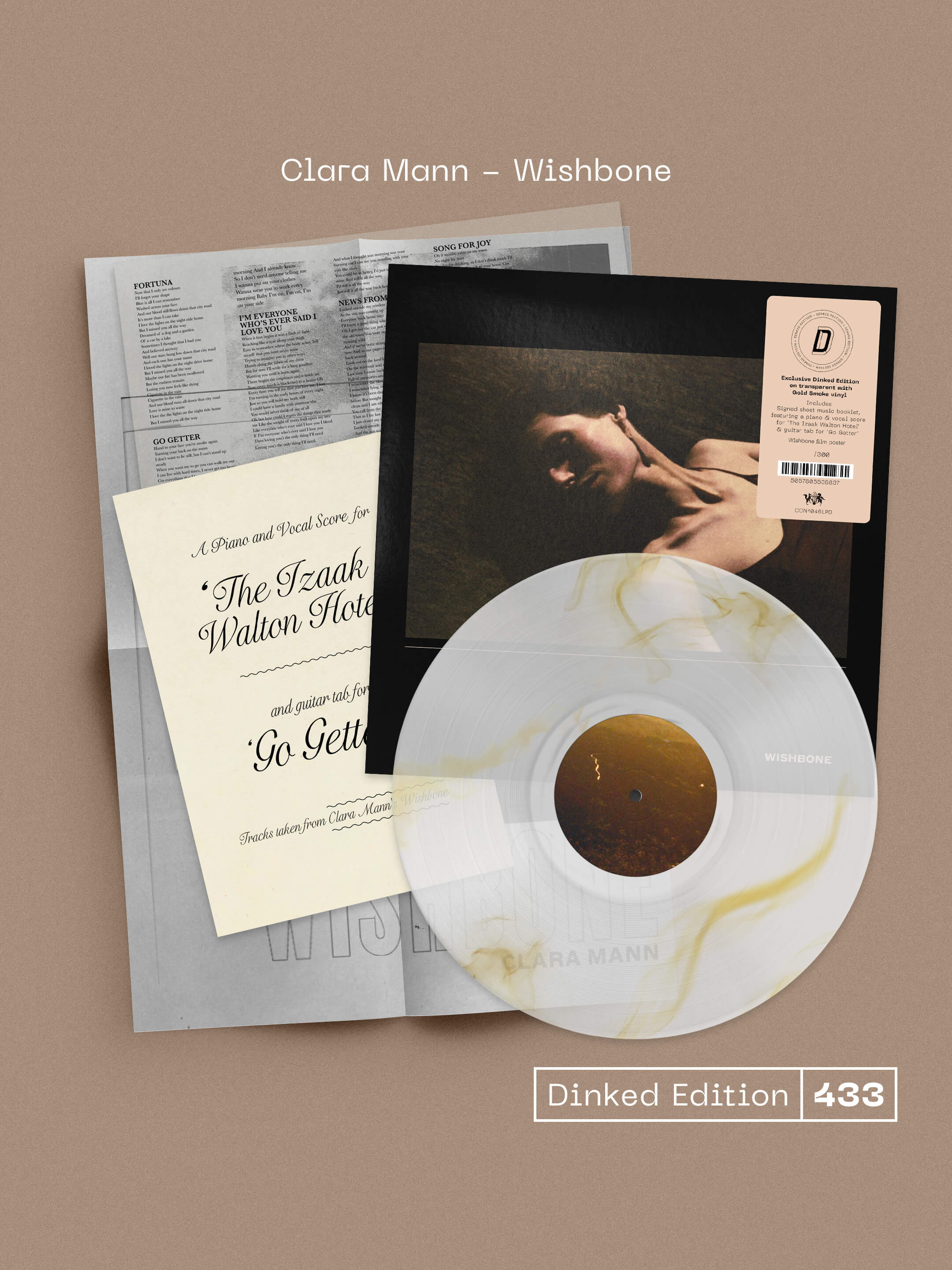CLARA MANN - WISHBONE - DINKED EDITION 433 - TRANSPARENT WITH GOLD SMOKE VINYL LP + SIGNED BOOKLET & POSTER