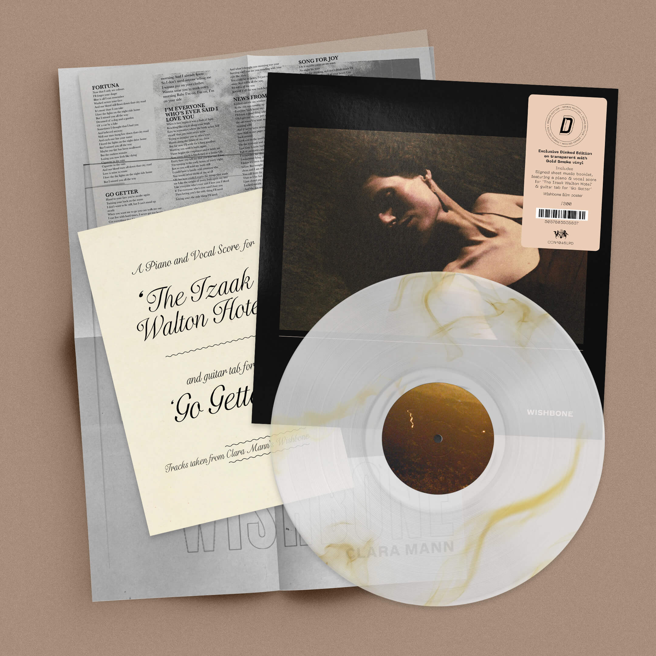 CLARA MANN - WISHBONE - DINKED EDITION 433 - TRANSPARENT WITH GOLD SMOKE VINYL LP + SIGNED BOOKLET & POSTER