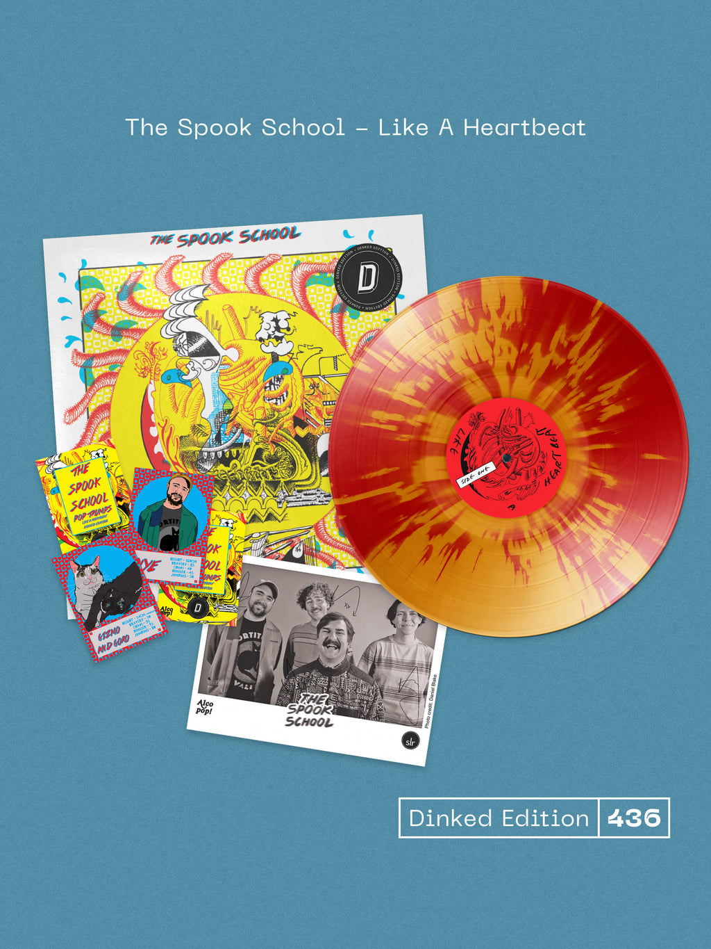 THE SPOOK SCHOOL - LIKE A HEARTBEAT - DINKED EDITION 436 - 'HEARTBEAT' RED & YELLOW SPLATTER VINYL LP + SIGNED PHOTO & TOP TRUMP CARDS