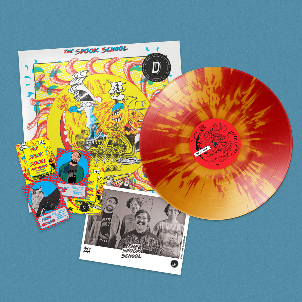 THE SPOOK SCHOOL - LIKE A HEARTBEAT - DINKED EDITION 436 - 'HEARTBEAT' RED & YELLOW SPLATTER VINYL LP + SIGNED PHOTO & TOP TRUMP CARDS
