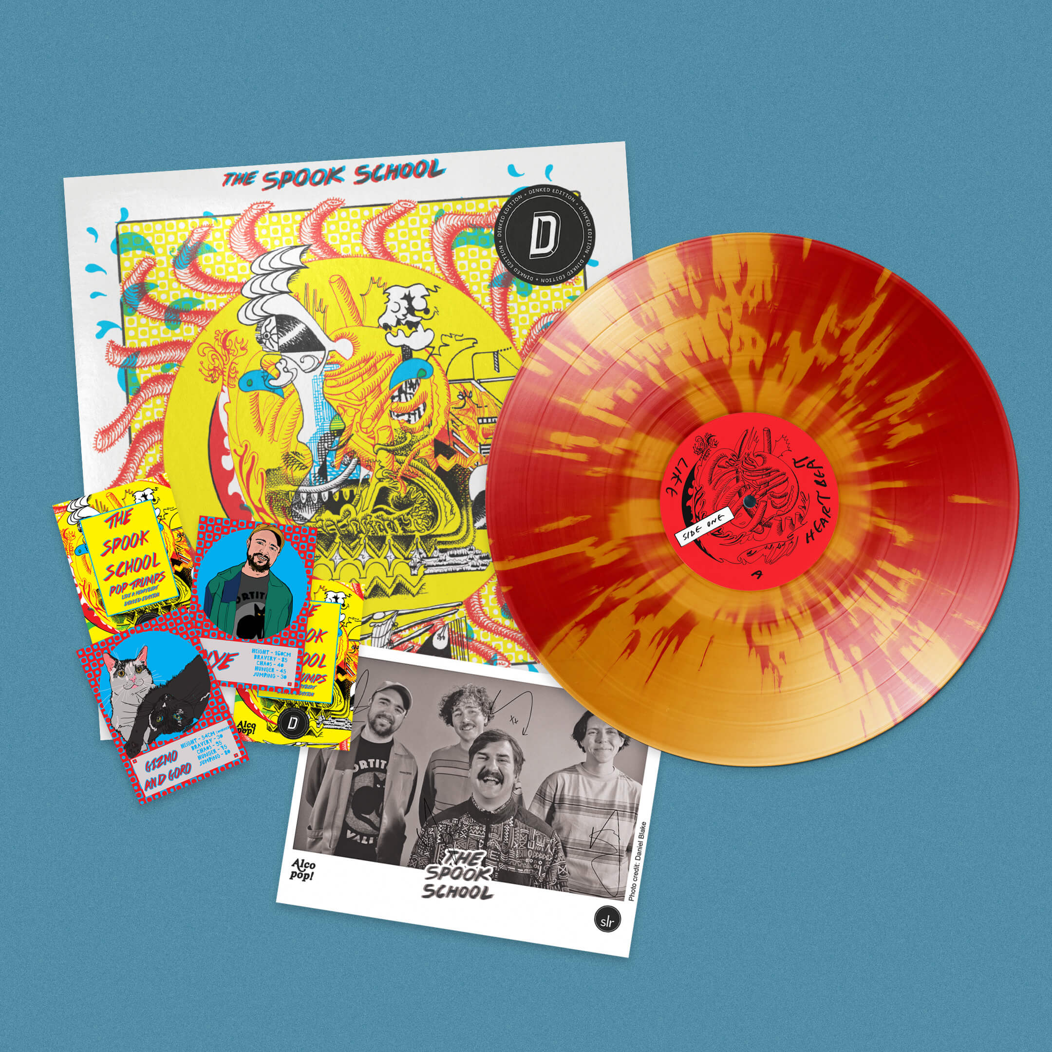 THE SPOOK SCHOOL - LIKE A HEARTBEAT - DINKED EDITION 436 - 'HEARTBEAT' RED & YELLOW SPLATTER VINYL LP + SIGNED PHOTO & TOP TRUMP CARDS