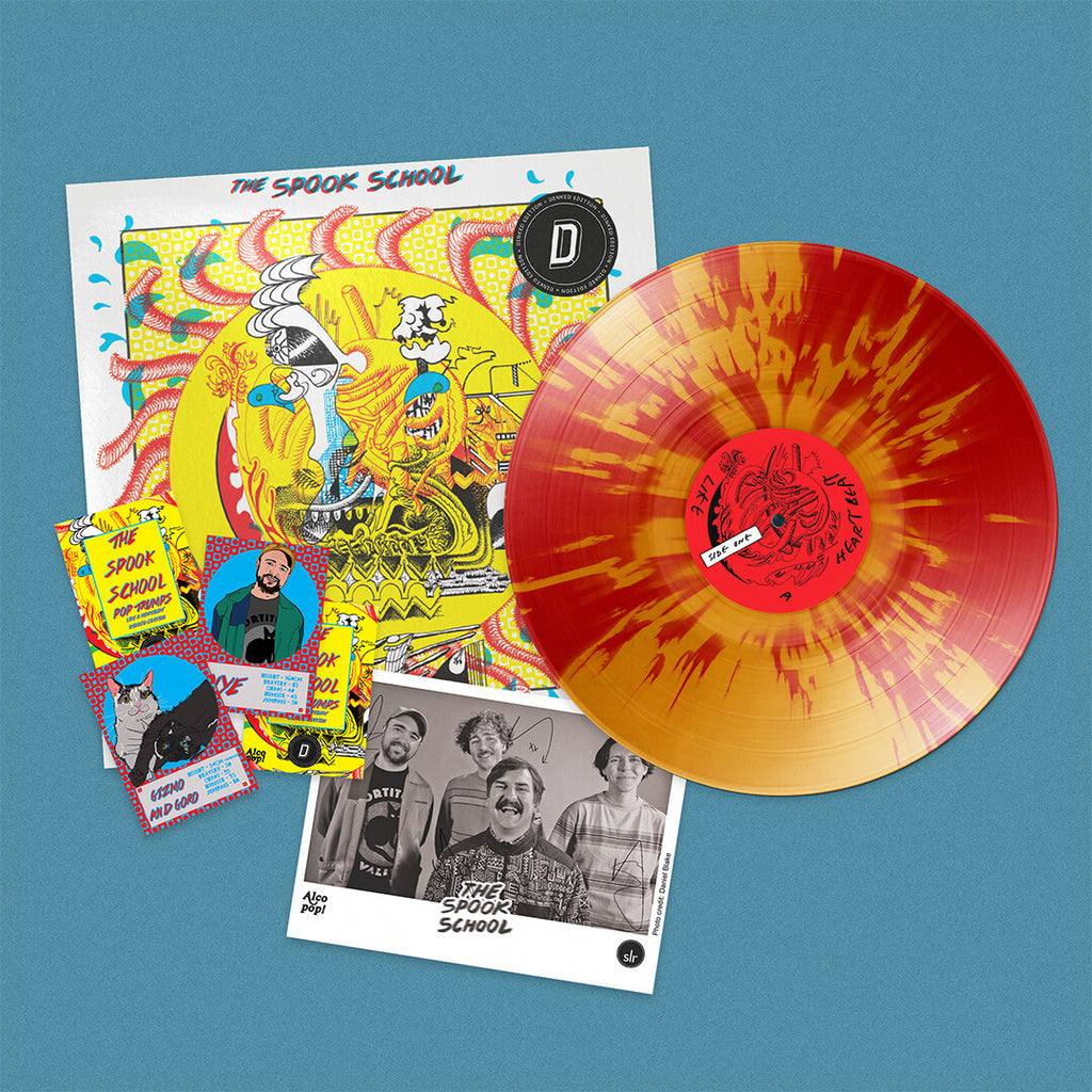 THE SPOOK SCHOOL - LIKE A HEARTBEAT - DINKED EDITION 436 - 'HEARTBEAT' RED & YELLOW SPLATTER VINYL LP + SIGNED PHOTO & TOP TRUMP CARDS