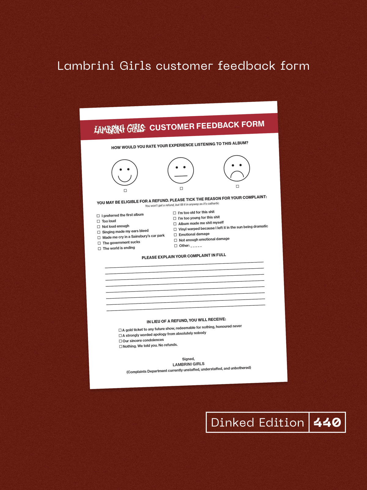 LAMBRINI GIRLS - NO REFUNDS - DINKED EDITION 440 - 'DON'T DINK SHAME MAGENTA' COLOUR VINYL LP + SIGNED INSERT + BUMPER STICKER & CALENDAR/POSTER - PRE ORDER OUT 15TH JANUARY 2027