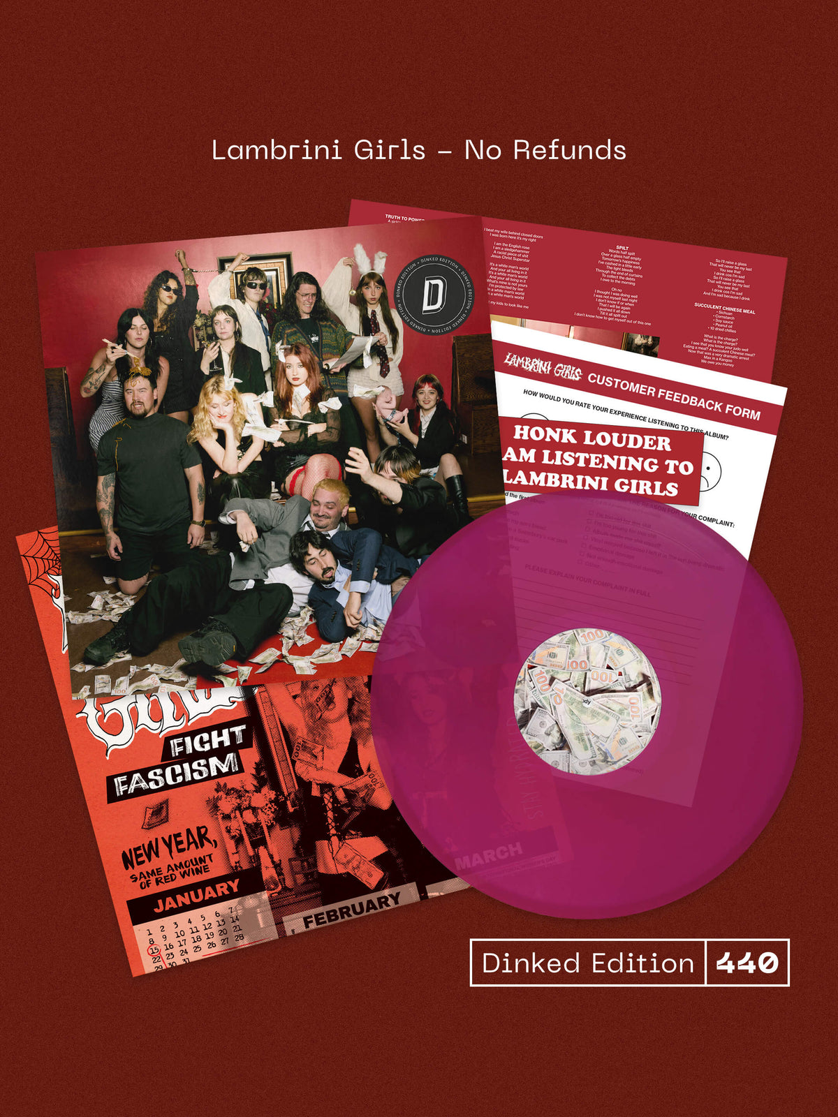 LAMBRINI GIRLS - NO REFUNDS - DINKED EDITION 440 - 'DON'T DINK SHAME MAGENTA' COLOUR VINYL LP + SIGNED INSERT + BUMPER STICKER & CALENDAR/POSTER - PRE ORDER OUT 15TH JANUARY 2027