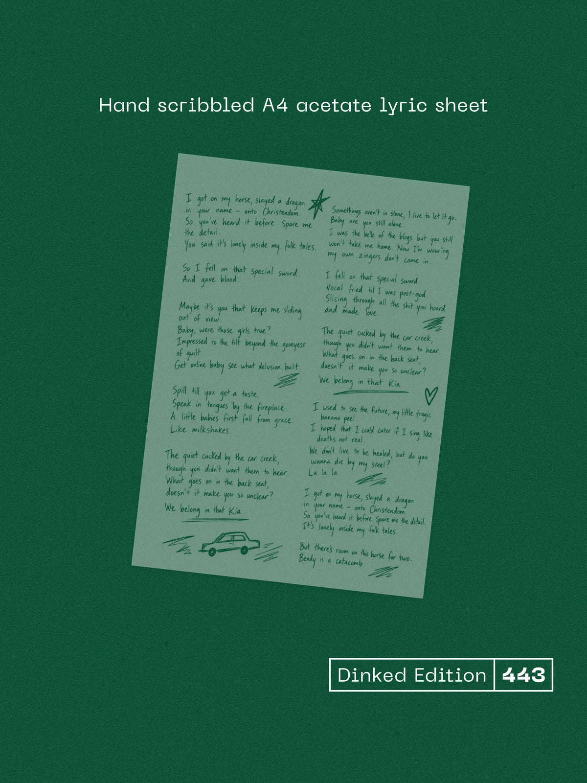 BLUE BENDY - ONE DAY THIS WILL ALL BE LORE - DINKED EDITION 443 - TRANSPARENT GREEN VINYL LP + HAND SCRIBBLED LYRIC SHEET - LIMITED TO 300 COPIES! PRE ORDER OUT 29TH JAN 2027