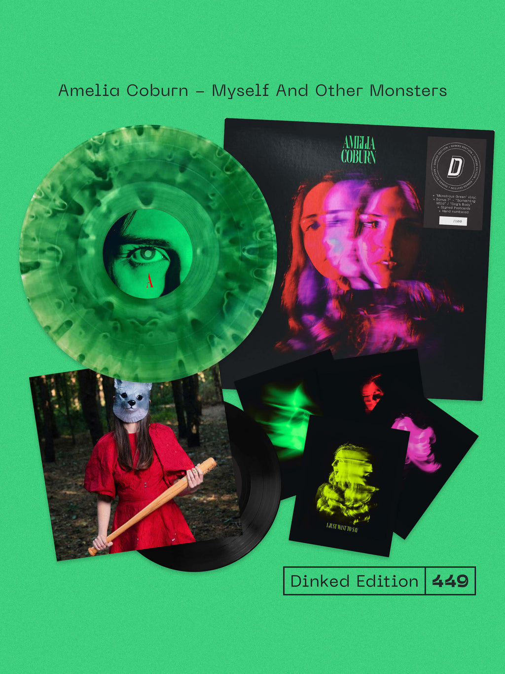 AMELIA COBURN - MYSELF AND OTHER MONSTERS - DINKED EDITION 449 - MONSTROUS GREEN VINYL LP + BONUS 7" & SIGNED POSTCARDS - PRE ORDER OUT 5TH MARCH 2027