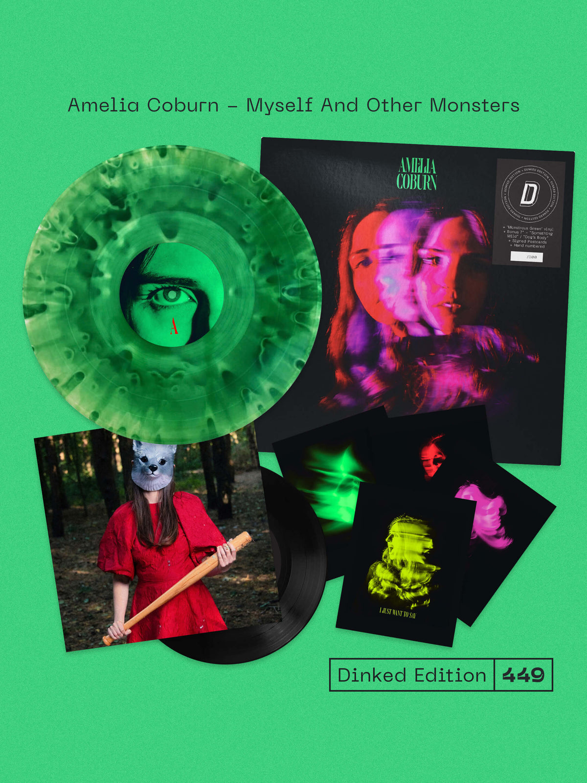 AMELIA COBURN - MYSELF AND OTHER MONSTERS - DINKED EDITION 449 - MONSTROUS GREEN VINYL LP + BONUS 7" & SIGNED POSTCARDS - PRE ORDER OUT 5TH MARCH 2027