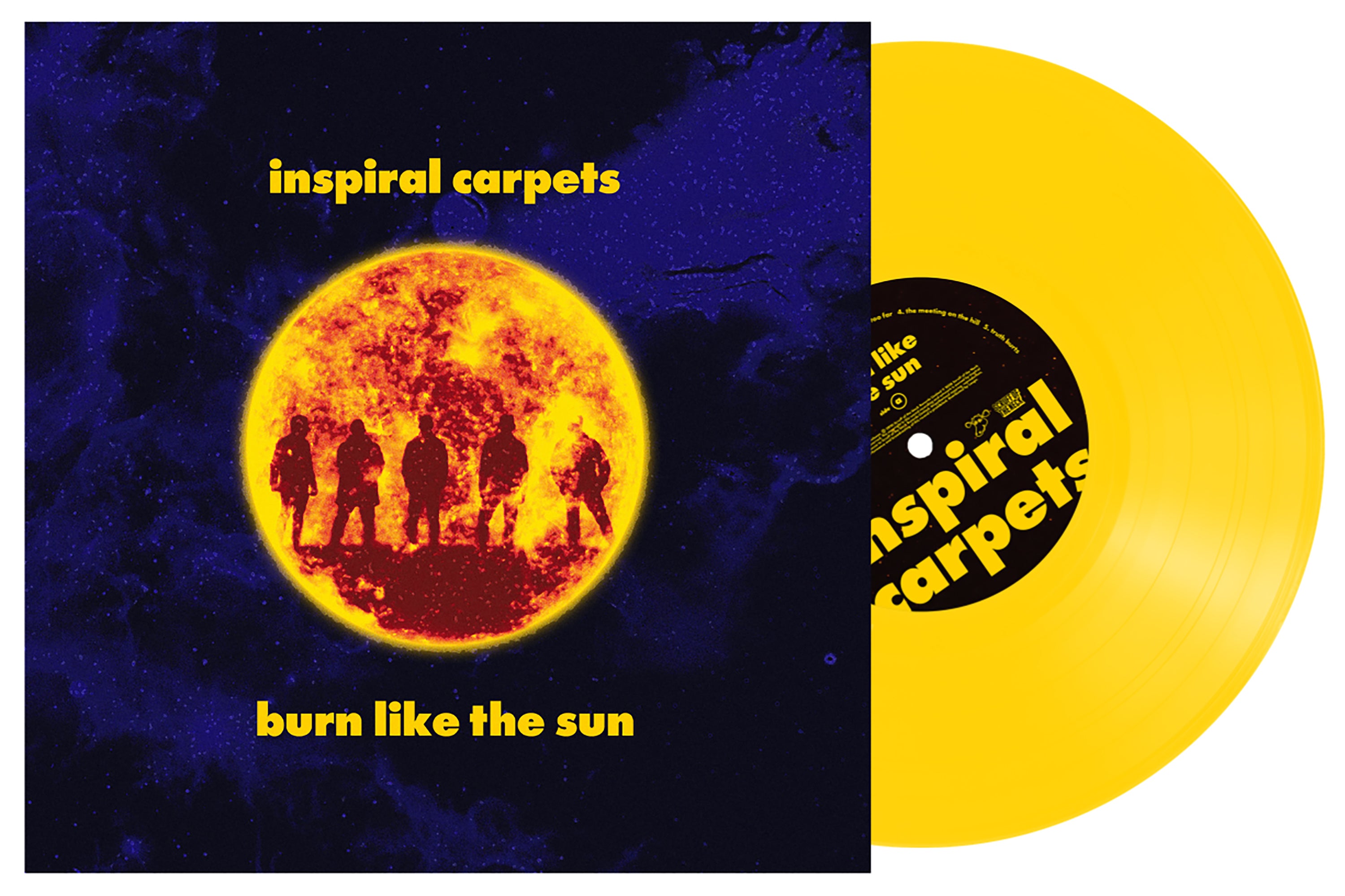 INSPIRAL CARPETS - BURN LIKE THE SUN - LIMITED EDITION INDIES YELLOW VINYL LP WITH ALTERNATE GALAXY BLUE COVER