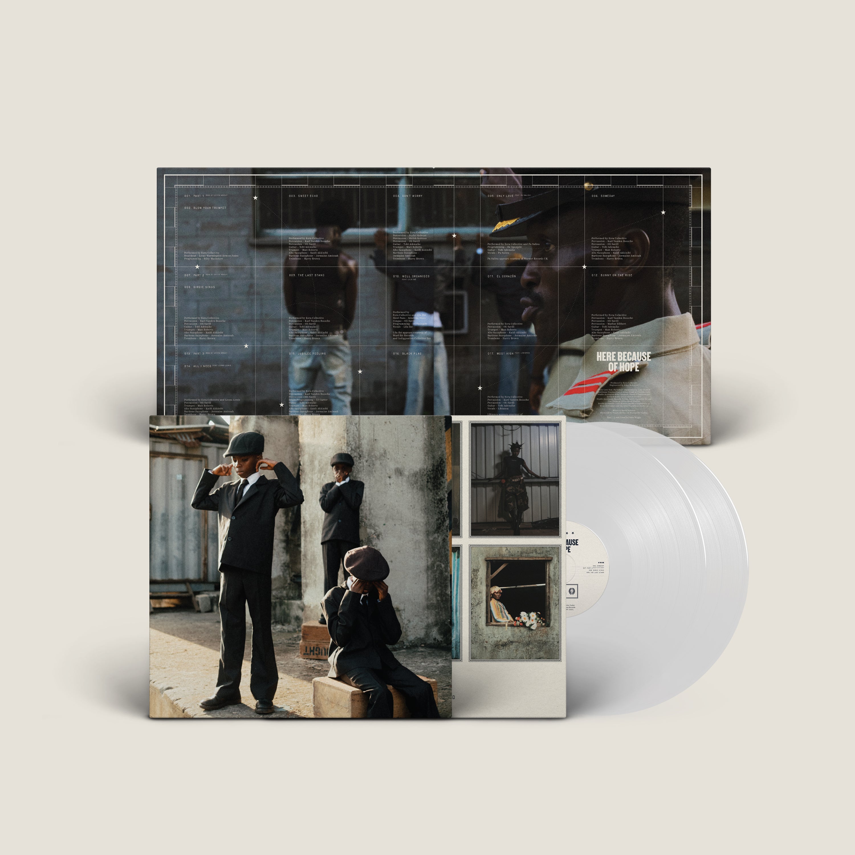EZRA COLLECTIVE - HERE BECAUSE OF HOPE - INDIES EXCLUSIVE WHITE VINYL 2LP PLUS SIGNED PRINT