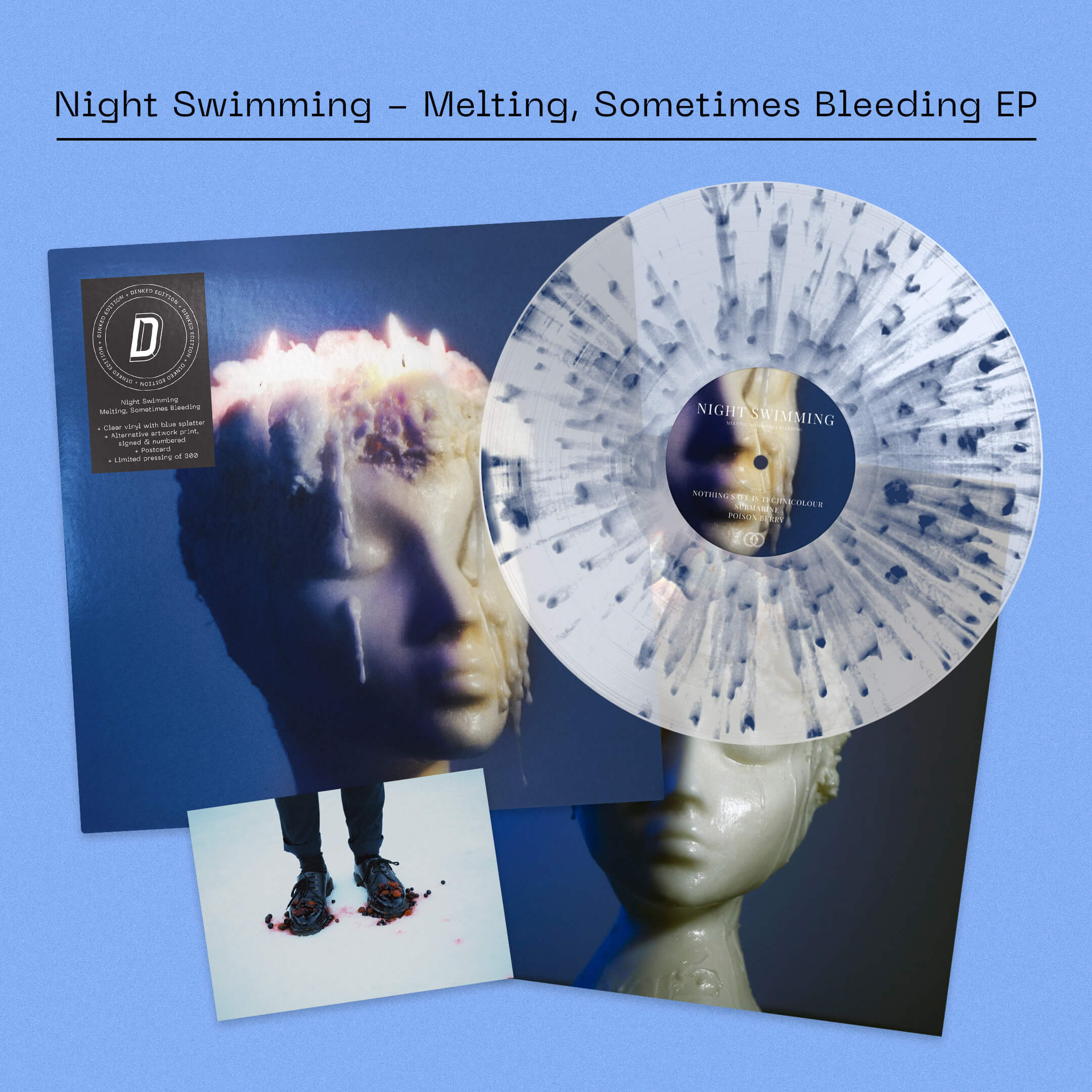 NIGHT SWIMMING - MELTING, SOMETIMES BLEEDING - DINKED EDITION 401 CLEAR VINYL WITH BLUE SPLATTER EP