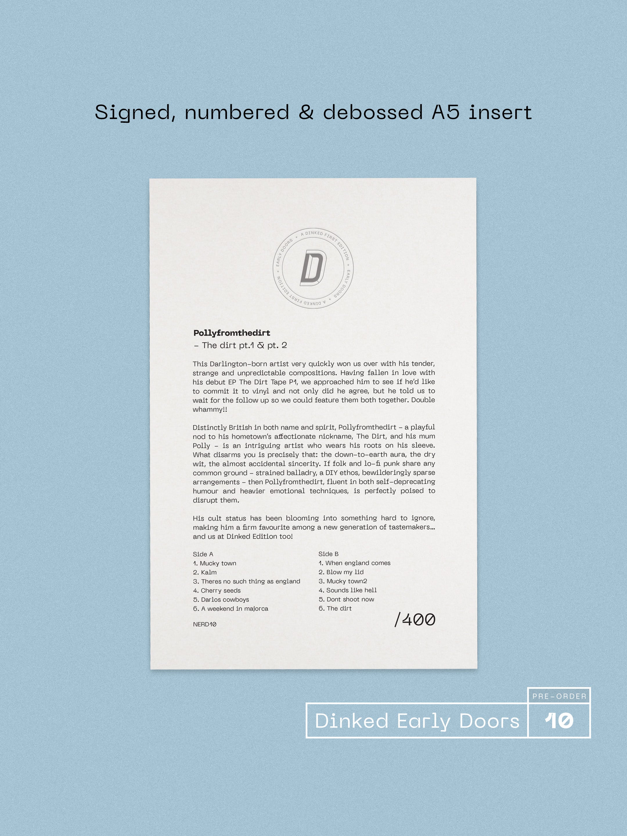 POLLYFROMTHEDIRT - THE DIRT - DINKED EARLY DOORS EDITION 10 - SIGNED & NUMBERED TRANSLUCENT BLACK VINYL LP