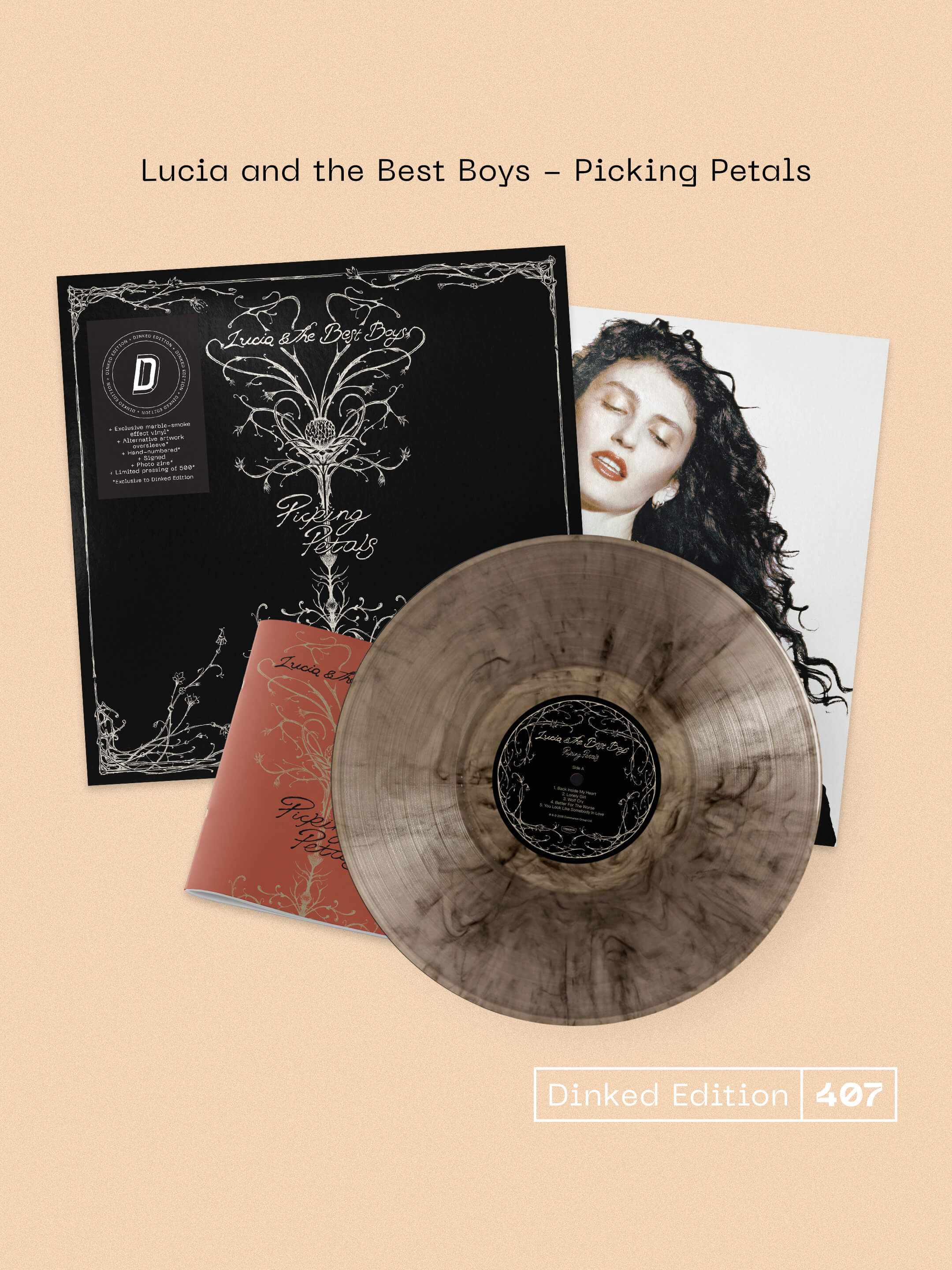 LUCIA AND THE BEST BOYS - PICKING PETALS - DINKED EDITION 407 - CREAM & BLACK MARBLE VINYL LP + BONUS ZINE