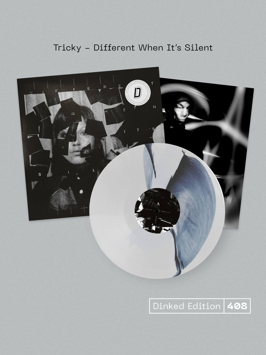 TRICKY - DIFFERENT WHEN IT’S SILENT - DINKED EDITION 408 - BLACK IMPLOSION ON WHITE VINYL LP + ART PRINT
