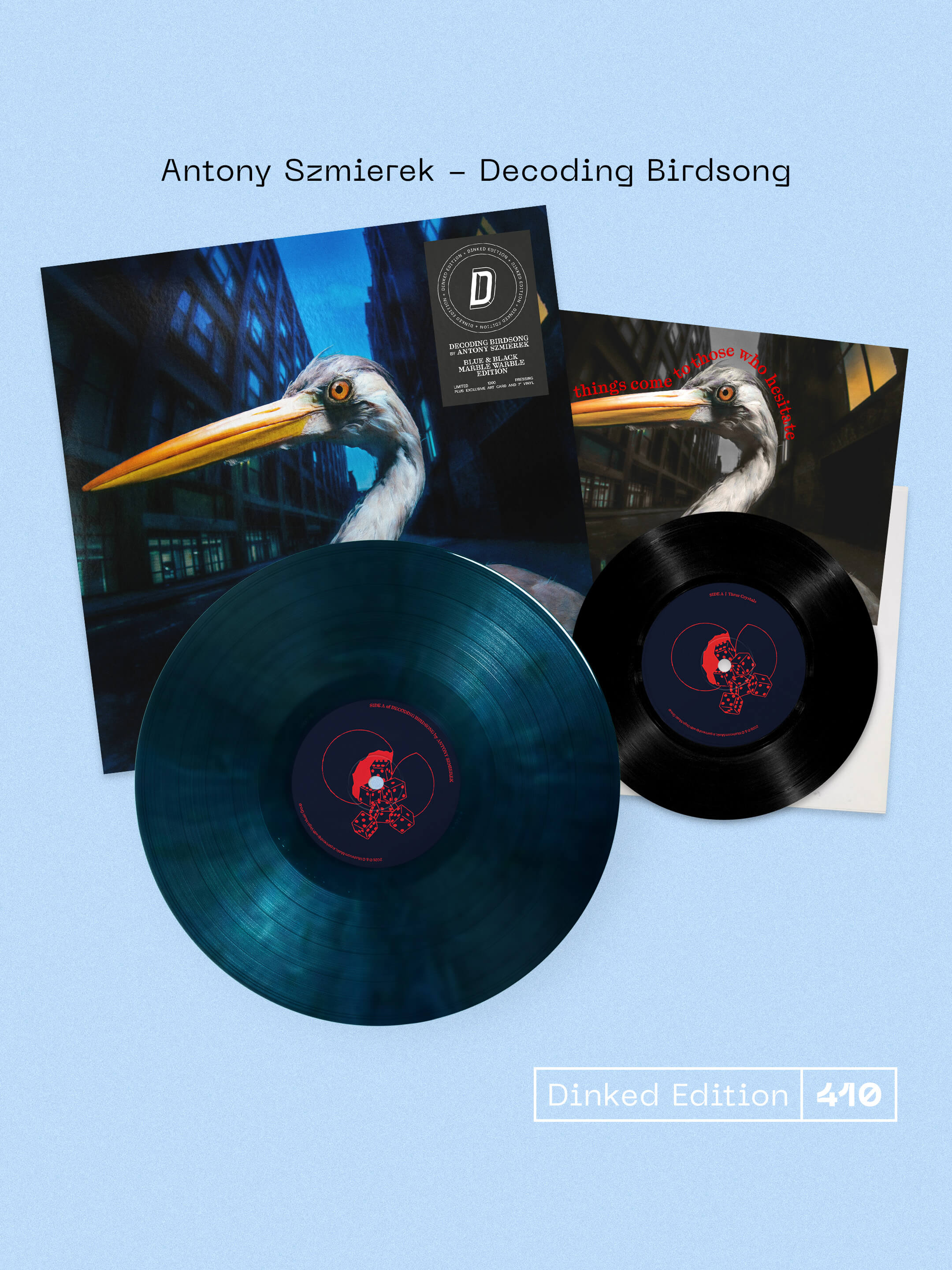 ANTONY SZMIEREK - DECODING BIRDSONG - DINKED EDITION 410 - BLUE & BLACK MARBLE WARBLE VINYL LP + 7” & SIGNED ART CARD