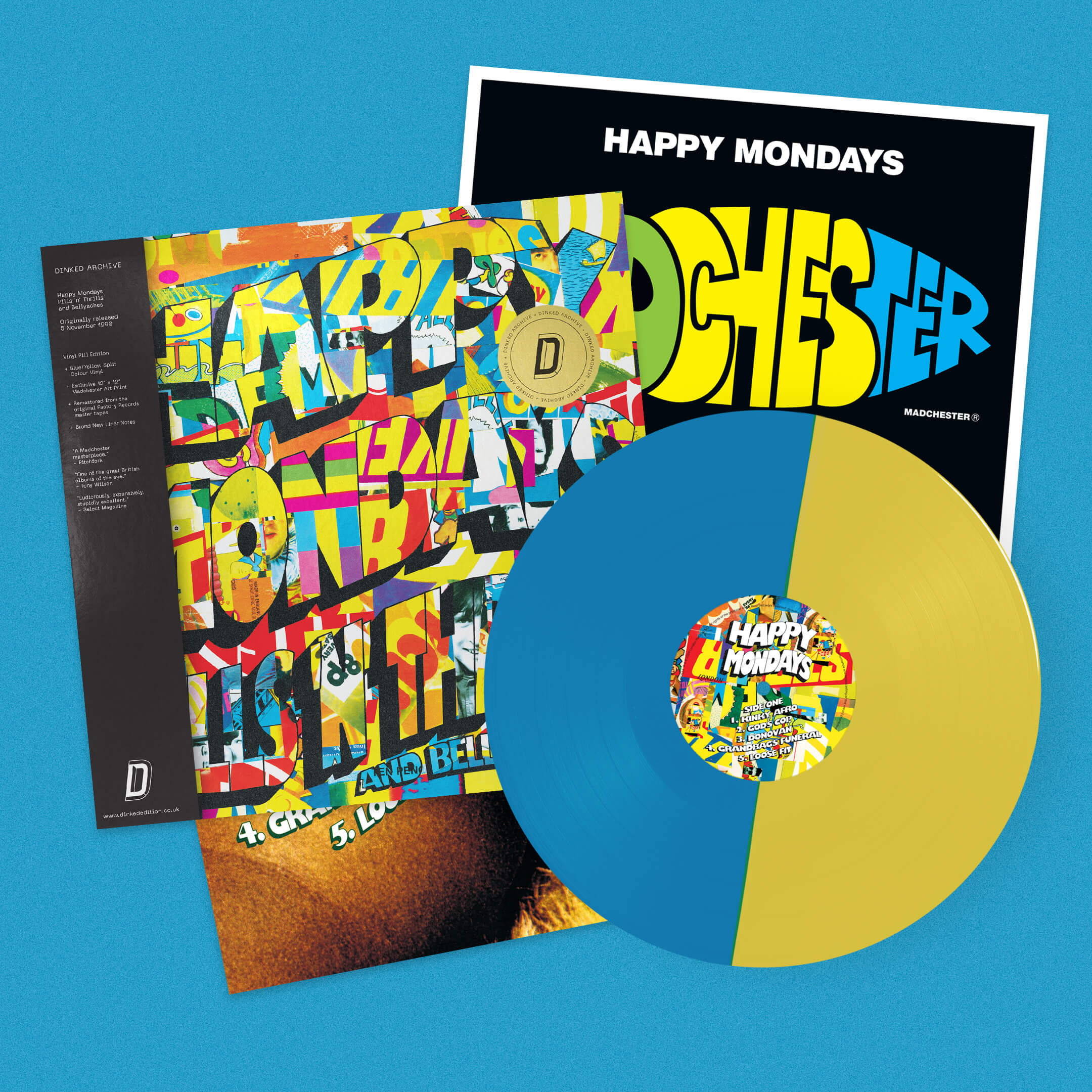 HAPPY MONDAYS - PILLS ‘N’ THRILLS & BELLYACHES - DINKED ARCHIVE EDITION 32 - YELLOW & BLUE VINYL PILL SPLIT COLOUR VINYL LP + PRINT