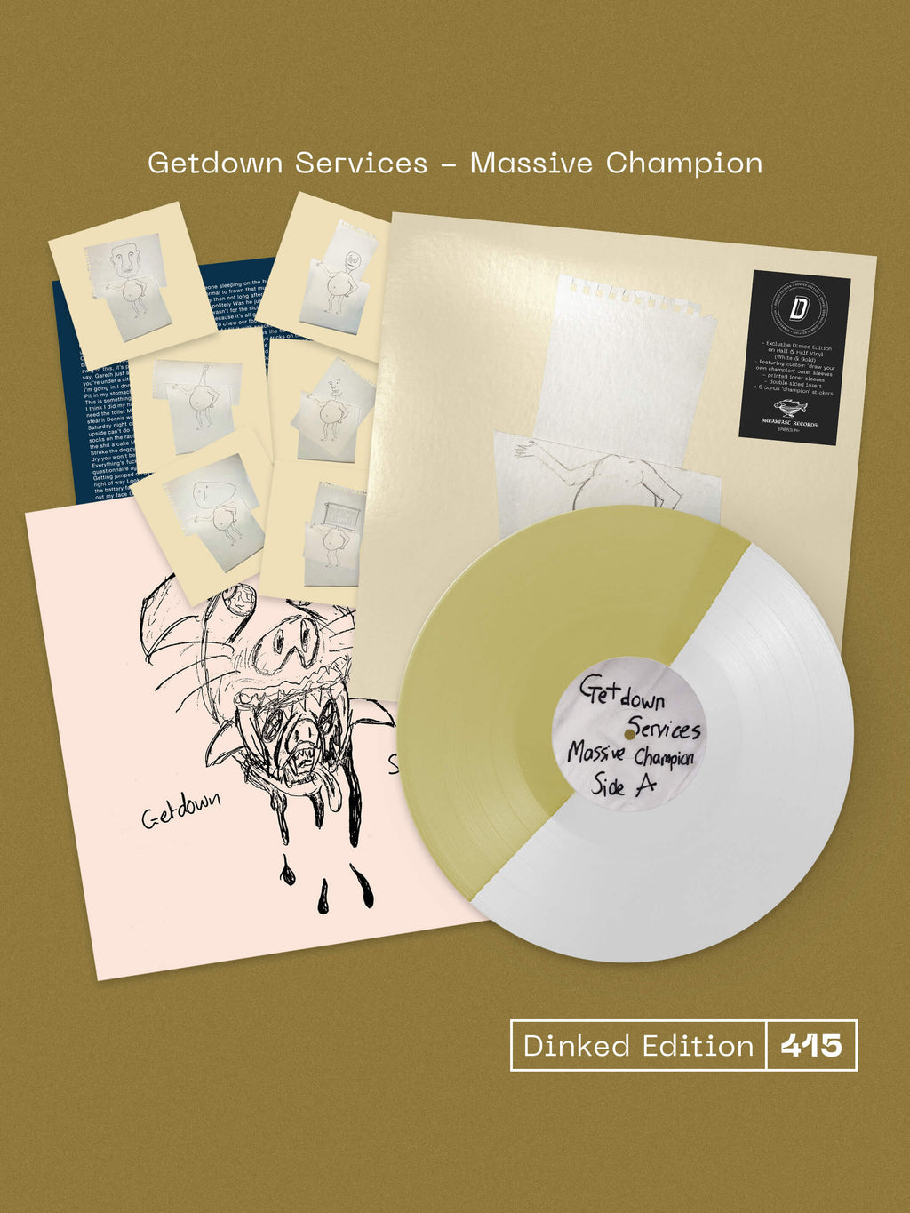 GETDOWN SERVICES - MASSIVE CHAMPION - DINKED EDITION 415 - WHITE & GOLD VINYL LP + STICKERS & PRINTED INSERT