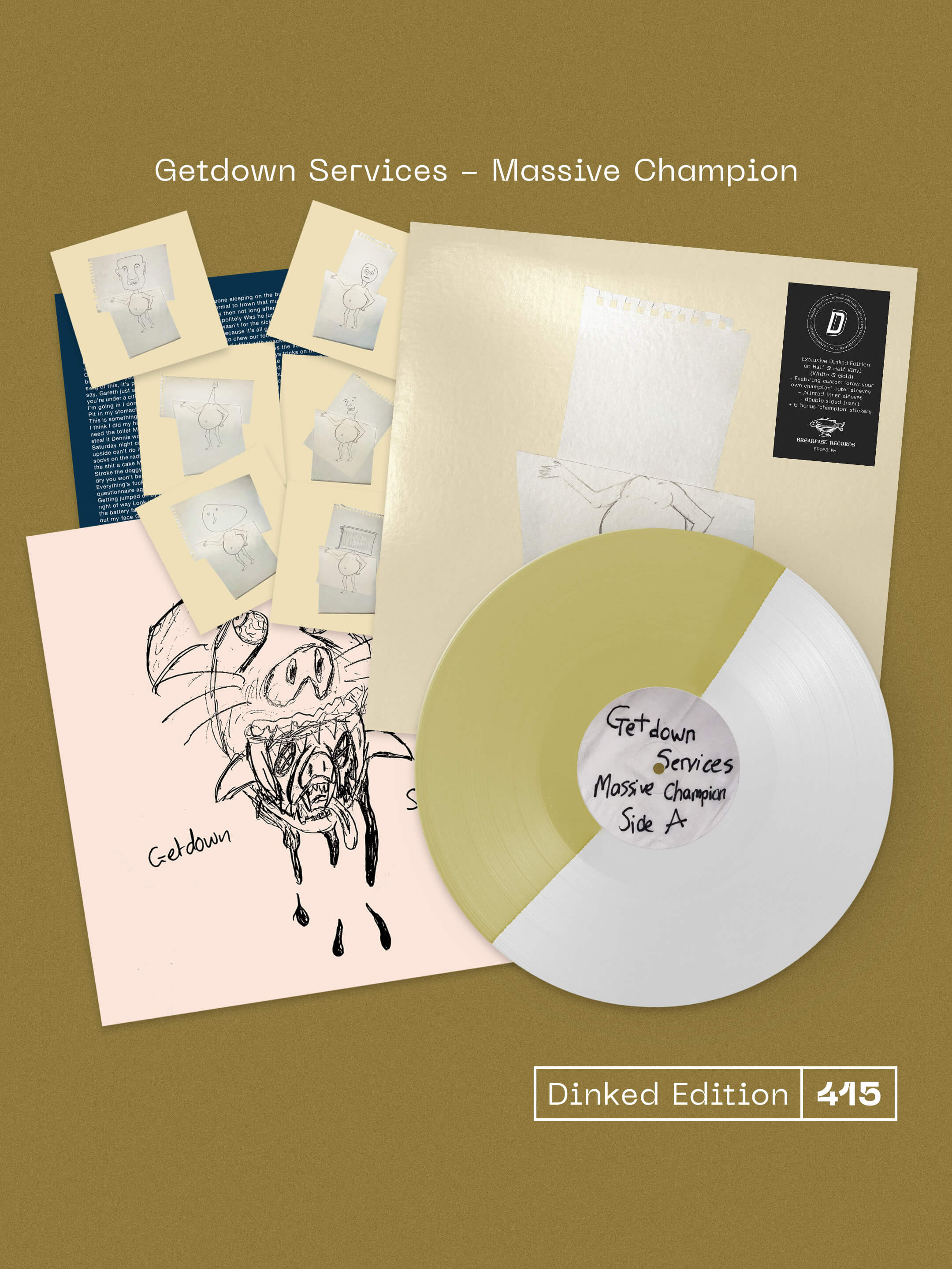 GETDOWN SERVICES - MASSIVE CHAMPION - DINKED EDITION 415 - WHITE & GOLD VINYL LP + STICKERS & PRINTED INSERT