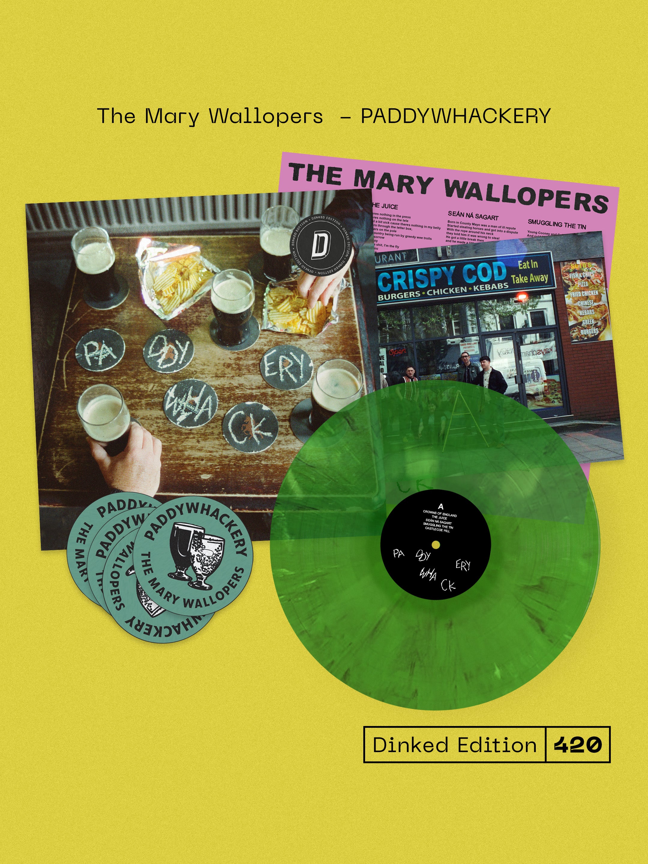 THE MARY WALLOPERS - PADDYWHACKERY - DINKED EDITION 420 - TRANSPARENT GREEN MARBLE VINYL LP + SIGNED PRINT & BEER MATS