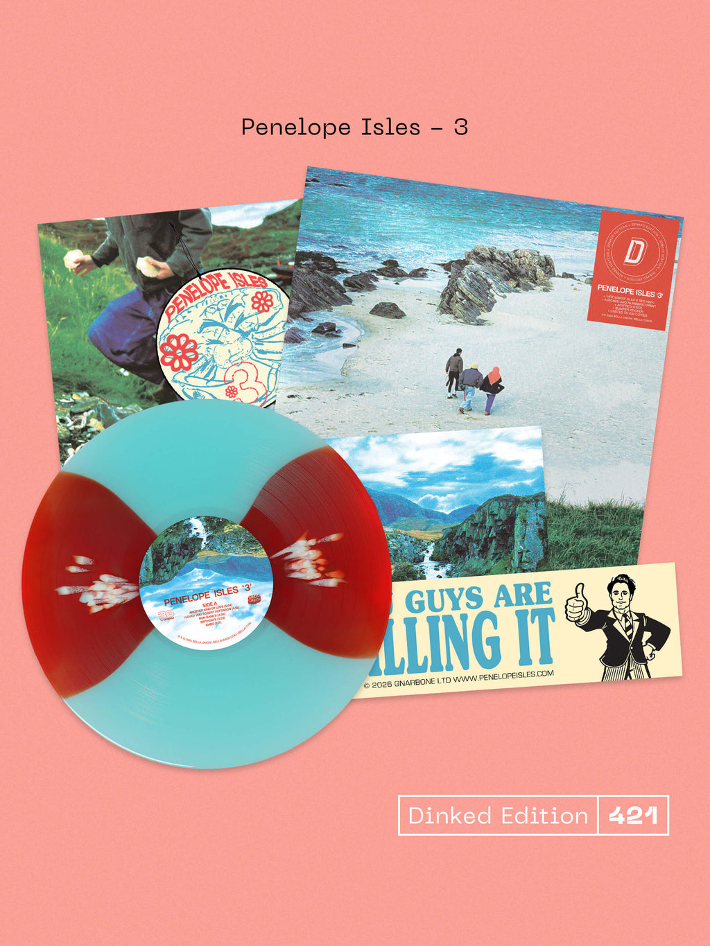 PENELOPE ISLES - 3 - DINKED EDITION 421 - HOT WINGS RED & BLUE VINYL LP + SIGNED POSTCARD + BUMPER STICKER + AIR FRESHENER