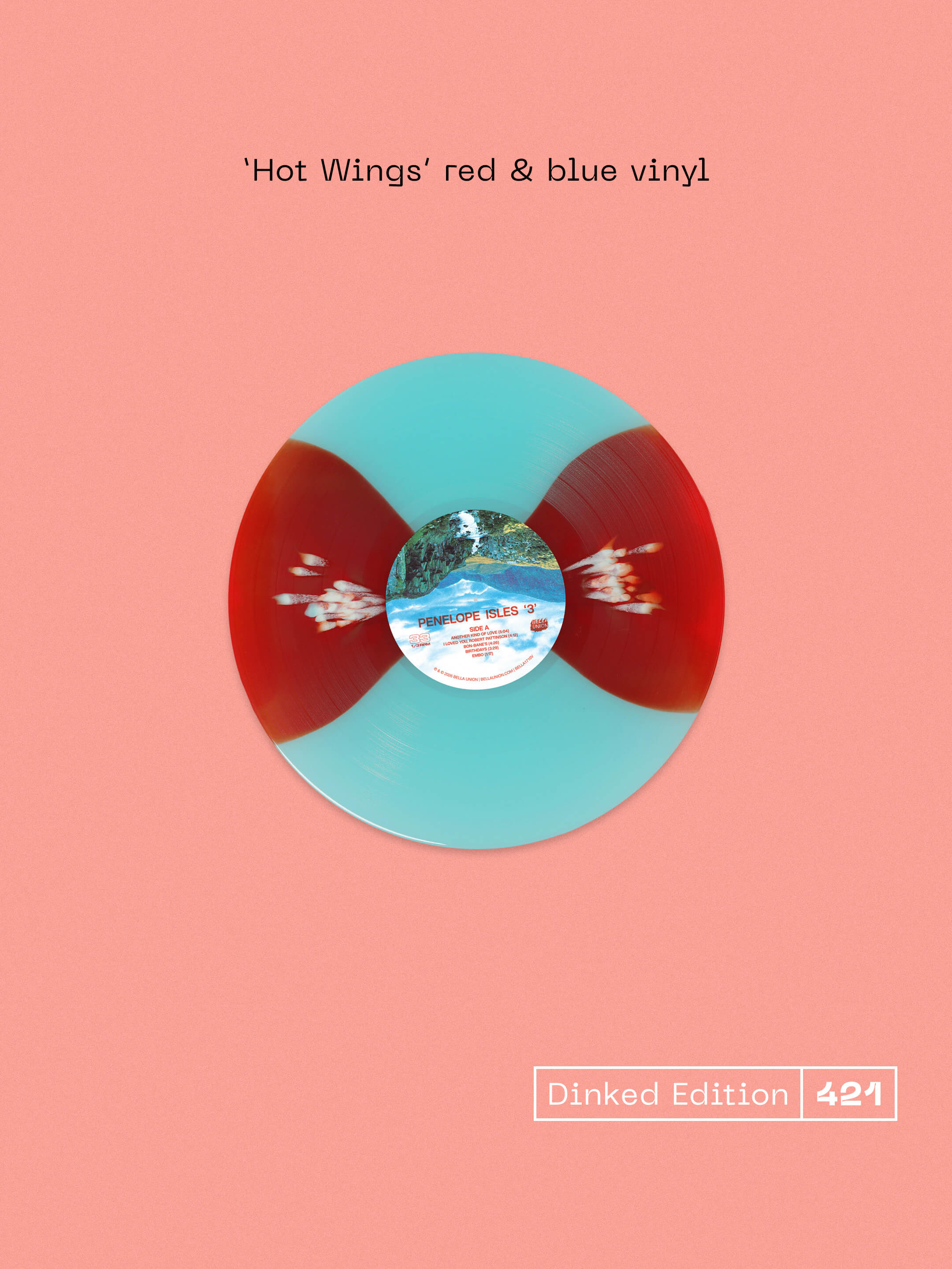 PENELOPE ISLES - 3 - DINKED EDITION 421 - HOT WINGS RED & BLUE VINYL LP + SIGNED POSTCARD + BUMPER STICKER + AIR FRESHENER