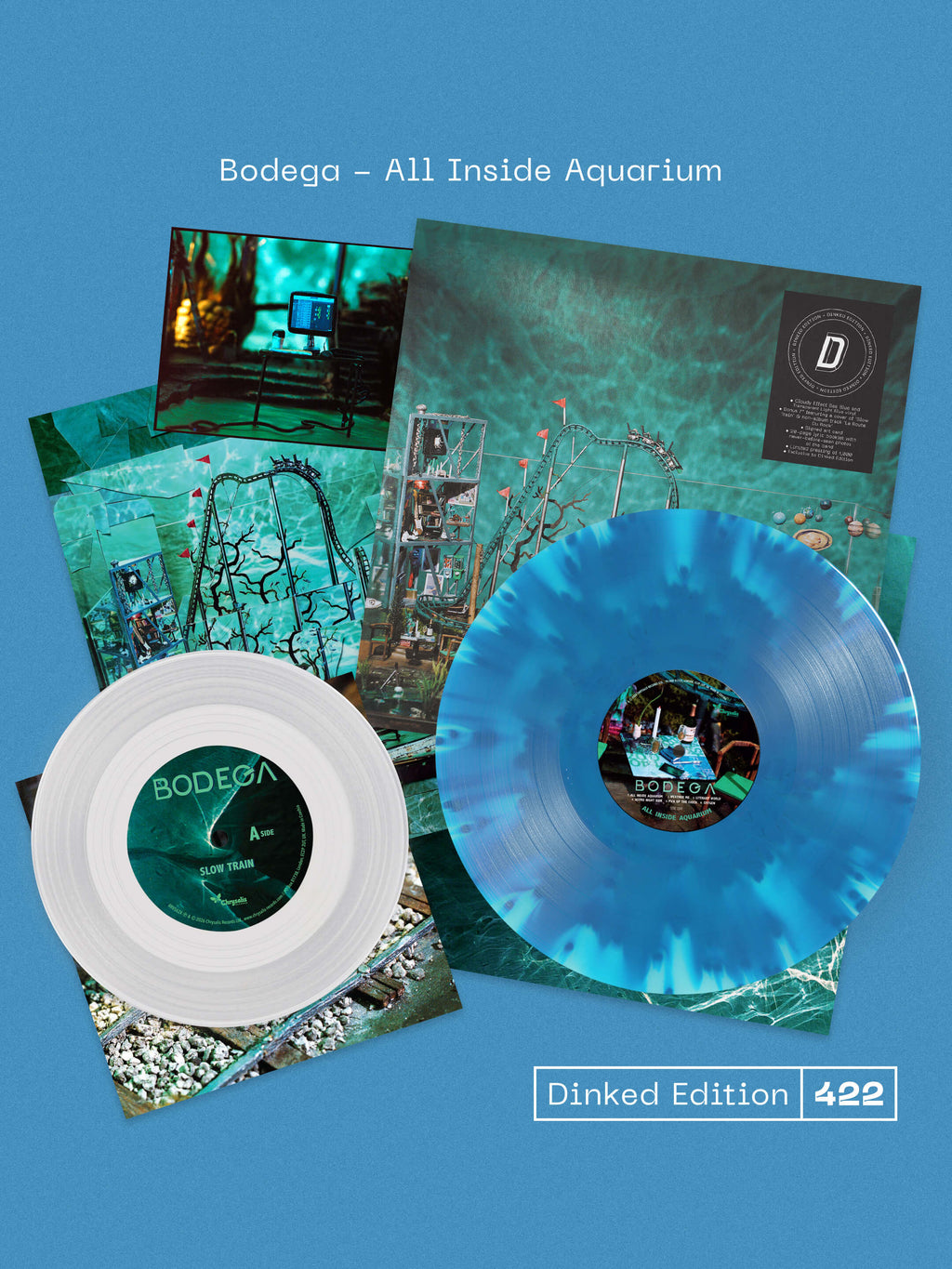 BODEGA - ALL INSIDE AQUARIUM- DINKED EDITION 422 - CLOUDY EFFECT SEA BLUE & TRANSPARENT LIGHT BLUE VINYL LP + BONUS CLEAR 7”