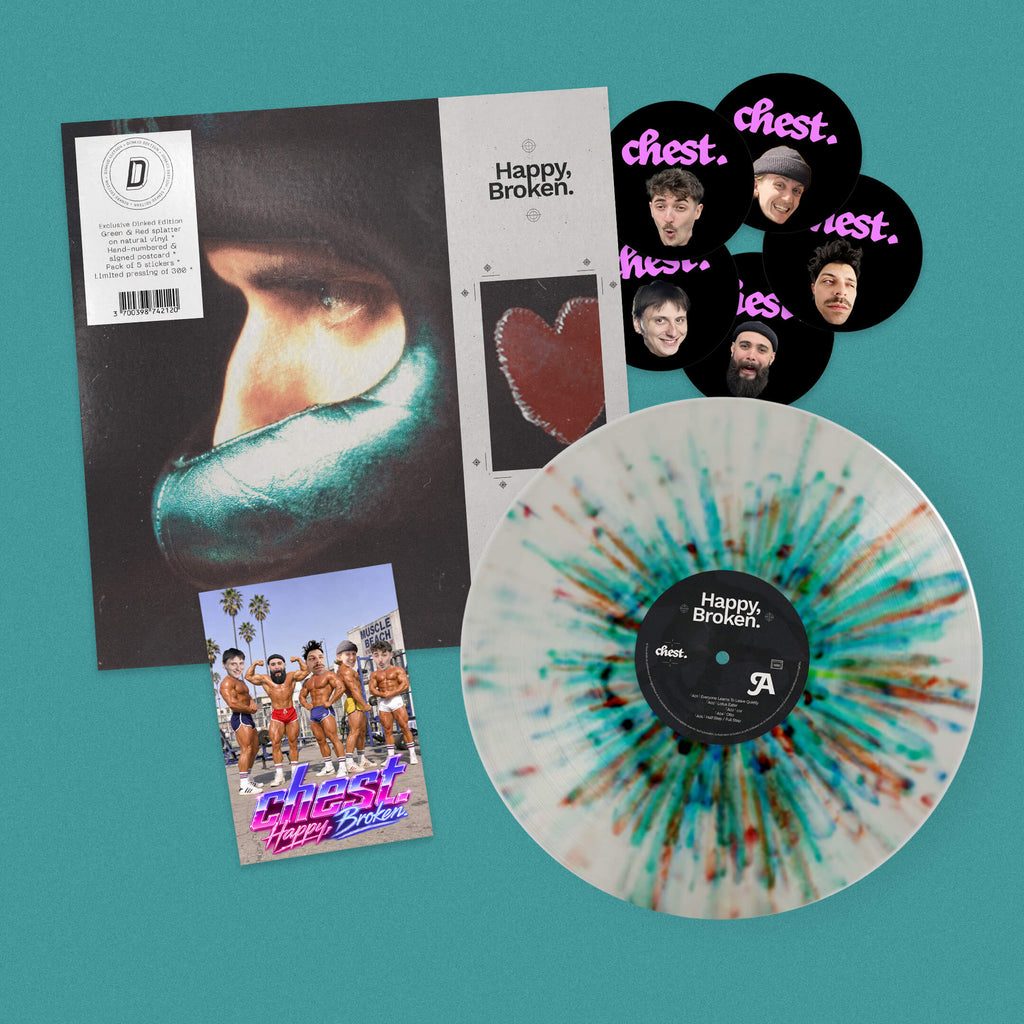 chest. - HAPPY, BROKEN. - DINKED EDITION 427 - GREEN & RED SPLATTER HAND NUMBERED VINYL LP - LIMITED PRESSING OF 300!