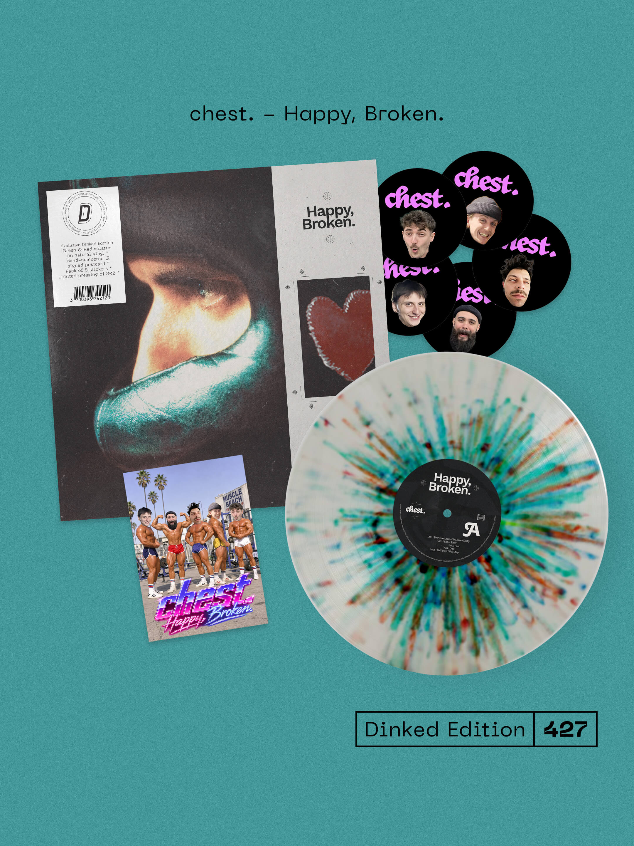 chest. - HAPPY, BROKEN. - DINKED EDITION 427 - GREEN & RED SPLATTER HAND NUMBERED VINYL LP - LIMITED PRESSING OF 300!