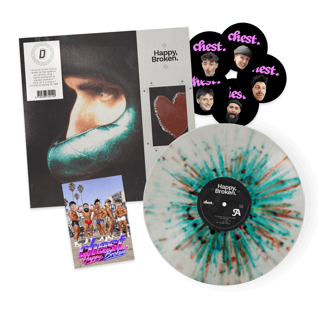 chest. - HAPPY, BROKEN. - DINKED EDITION 427 - GREEN & RED SPLATTER HAND NUMBERED VINYL LP - LIMITED PRESSING OF 300!