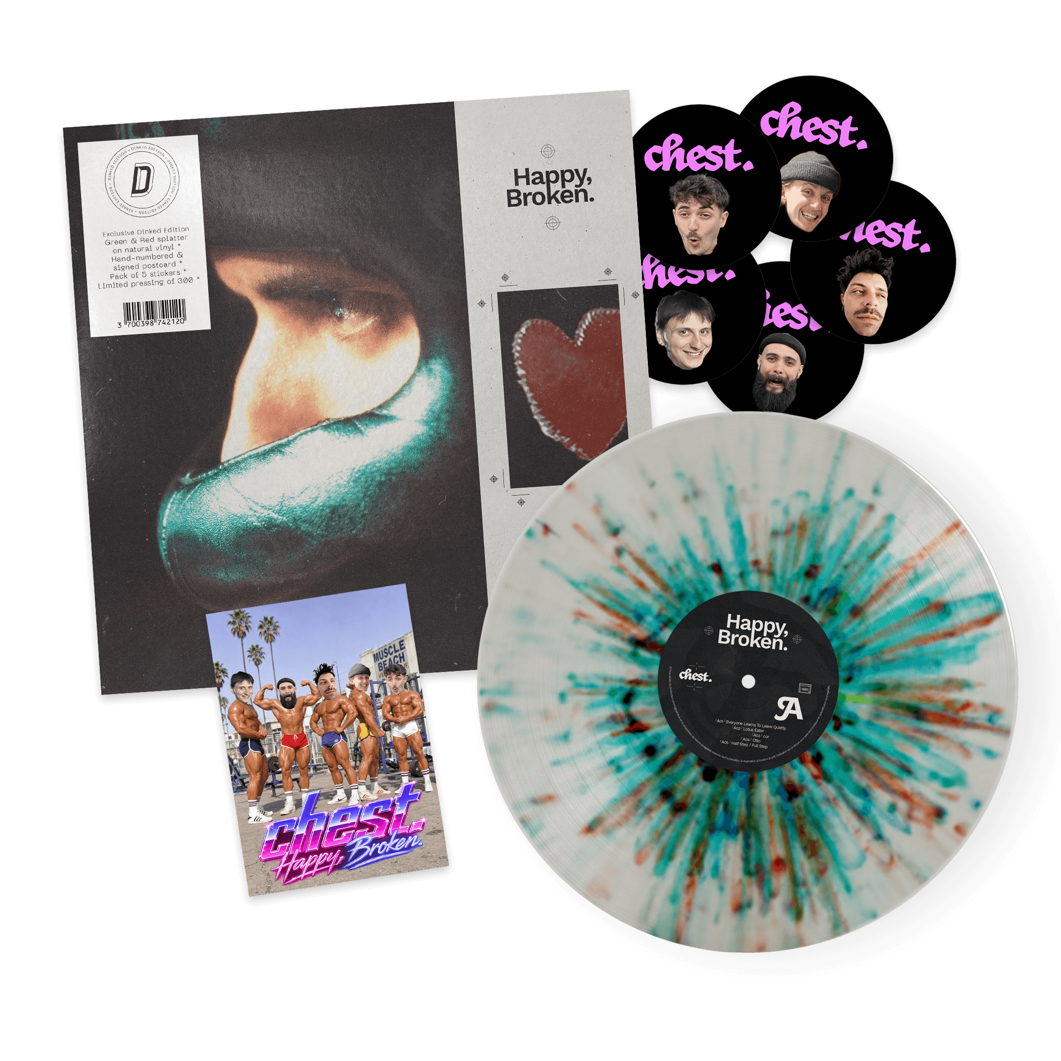 chest. - HAPPY, BROKEN. - DINKED EDITION 427 - GREEN & RED SPLATTER HAND NUMBERED VINYL LP - LIMITED PRESSING OF 300!