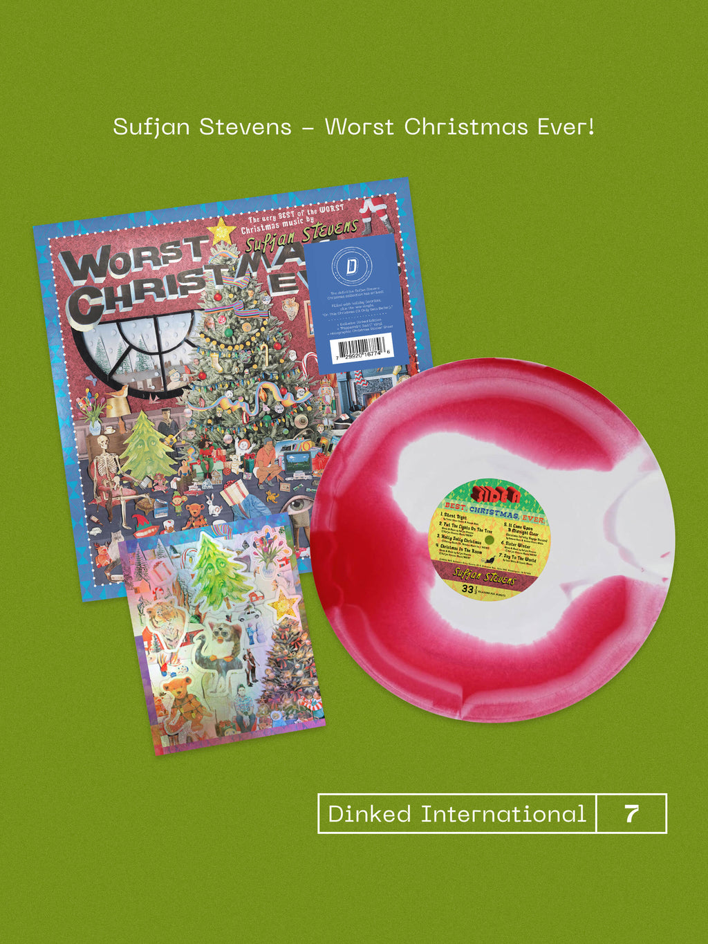 SUFJAN STEVENS - WORST CHRISTMAS EVER! - DINKED INTERNATIONAL EDITION NUMBER 7 - PEPPERMINT SWIRL VINYL LP + CHRISTMAS STICKER SHEET