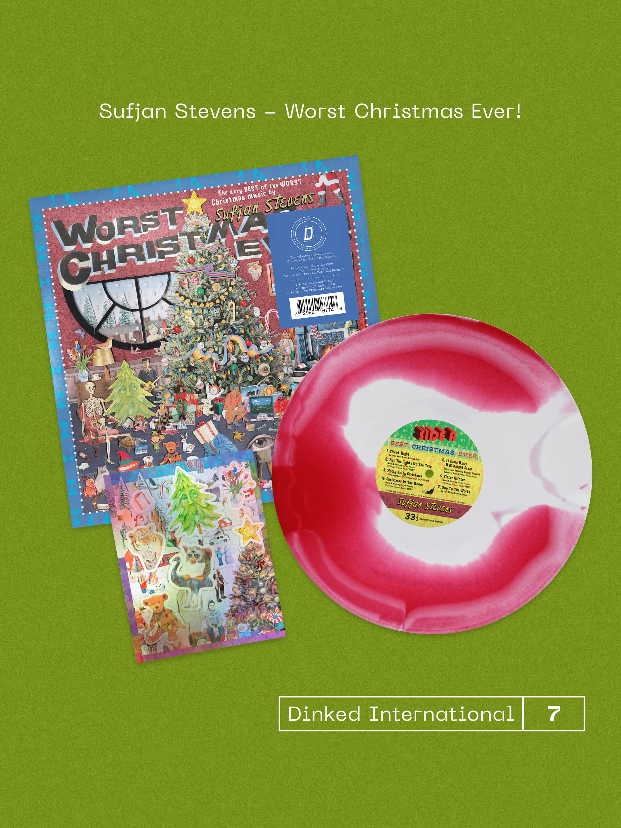 SUFJAN STEVENS - WORST CHRISTMAS EVER! - DINKED INTERNATIONAL EDITION NUMBER 7 - PEPPERMINT SWIRL VINYL LP + CHRISTMAS STICKER SHEET