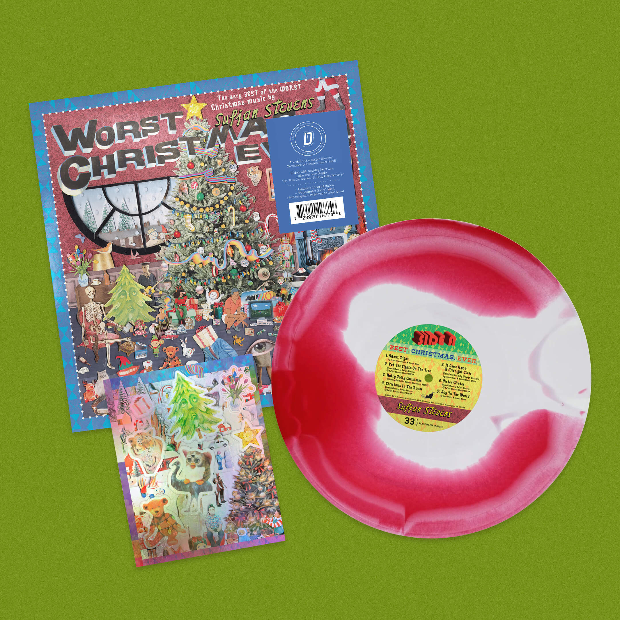 SUFJAN STEVENS - WORST CHRISTMAS EVER! - DINKED INTERNATIONAL EDITION NUMBER 7 - PEPPERMINT SWIRL VINYL LP + CHRISTMAS STICKER SHEET