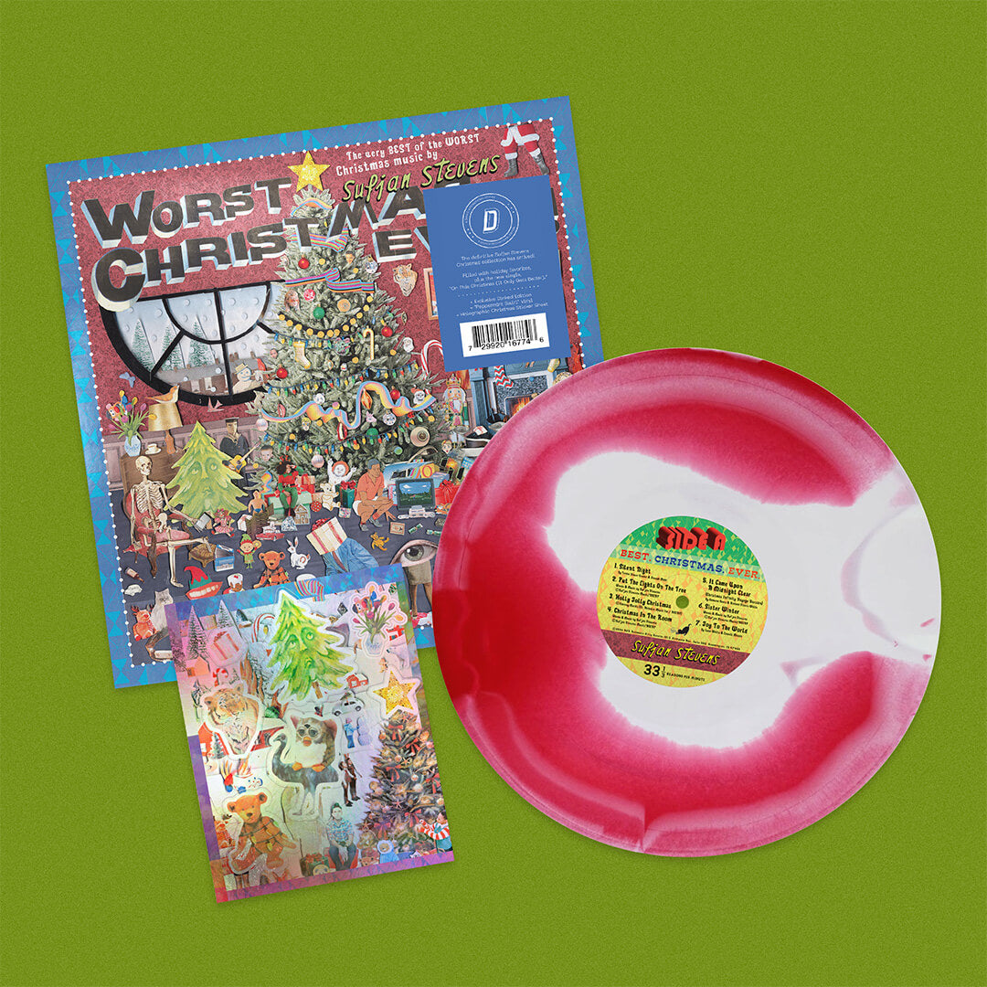 SUFJAN STEVENS - WORST CHRISTMAS EVER! - DINKED INTERNATIONAL EDITION NUMBER 7 - PEPPERMINT SWIRL VINYL LP + CHRISTMAS STICKER SHEET