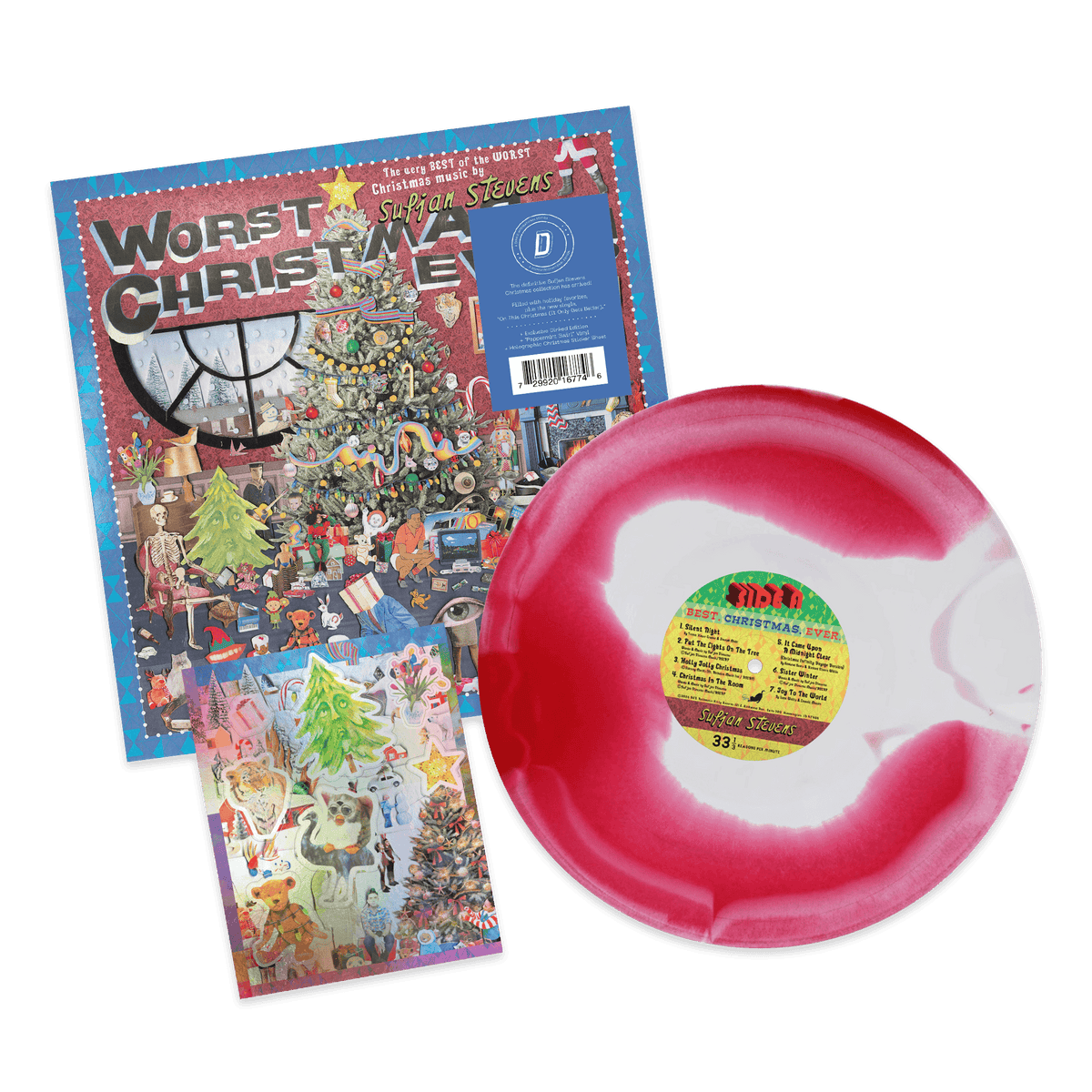 SUFJAN STEVENS - WORST CHRISTMAS EVER! - DINKED INTERNATIONAL EDITION NUMBER 7 - PEPPERMINT SWIRL VINYL LP + CHRISTMAS STICKER SHEET